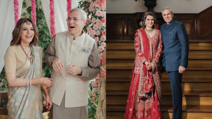 जम्मू-कश्मीर के मुख्यमंत्री उमर अब्दुल्ला और पत्रकार निधि राजदान शादी के कपड़ों में मुस्कुराते हुए